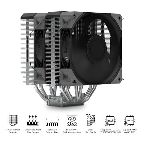 MONTECH NX600 6 Isı Borulu ve Premium Üst Kapaklı Çift Kule CPU Hava Soğutucu | 28mm E28 PWM Premium Fan | Lehimli Bakır Taban | Üstün Isı Dağılımı | Tüm Intel ve AMD Soket Desteği | Siyah | AMD AM5/A