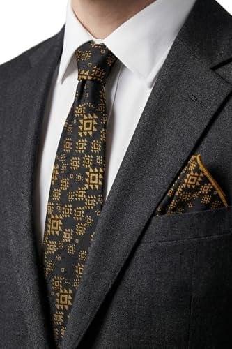 Motif Desenli Siyah Gold Kravat & Mendil