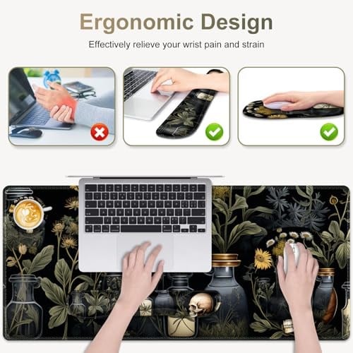 Mouse Pad Bilek Destek Seti: Siyah Academia Bilgisayar Masası Mat, Büyük Mousepad + Klavye ve Fare Bilek Dayanakları + Bardak Altlığı, Ergonomik Masa Pedi Kolay Yazma Ağrı kesici - Mistik Yeşil