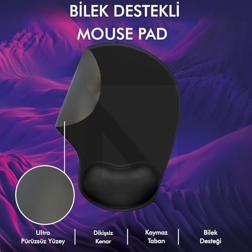 MP01 - Elips Bilek Destekli Mouse Pad | Konforlu, Kaymaz Taban, Ergonomik, Yumuşak, Ev,ofis (Siyah)