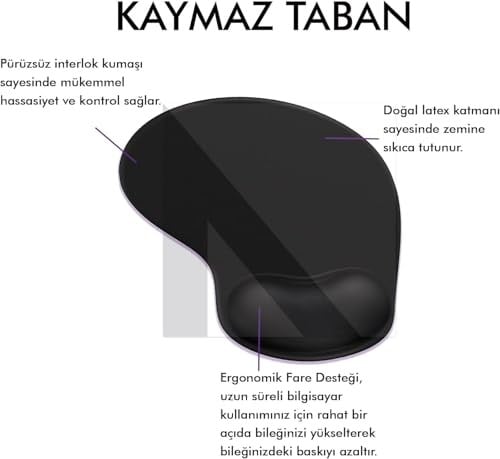 MP01 - Elips Bilek Destekli Mouse Pad | Konforlu, Kaymaz Taban, Ergonomik, Yumuşak, Ev,ofis (Siyah)