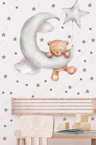 MSticker-Ayda Sallanan Sevimli Ayıcık Puantiye Ve Yıldızlar Çocuk Bebek Odası Sticker Seti