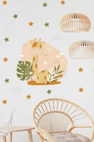 MSticker-Soft Renklerde Sevimli Zürafa Ve Yıldızlar Çocuk Odası Sticker Seti