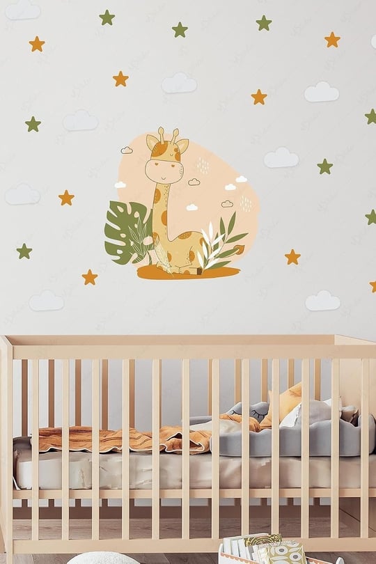 MSticker-Soft Renklerde Sevimli Zürafa Ve Yıldızlar Çocuk Odası Sticker Seti
