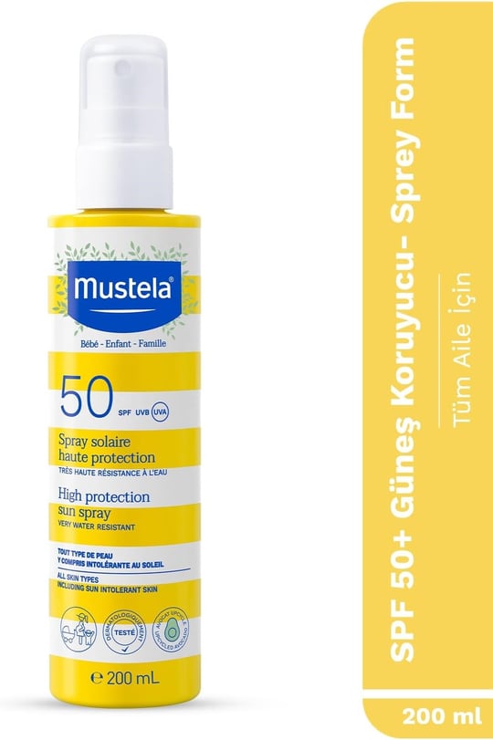 Mustela SPF 50+ Yüksek Koruma Yüz Vücut Güneş Sprey Suya Dayanıklı Tüm Ciltler ve Aile İçin 200 Ml