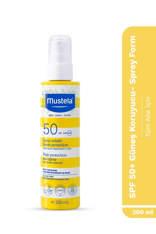 Mustela SPF 50+ Yüksek Koruma Yüz Vücut Güneş Sprey Suya Dayanıklı Tüm Ciltler ve Aile İçin 200 Ml
