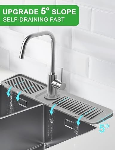 Mutfak Evyesi Sıçrama Koruması, Mutfak Evyesi için 5 ° Eğim Boşaltma Matı, 24 inç Lavabo Bataryası Mat, Silikon Lavabo Bataryası Mat Sıçrama Koruması, Mutfak için Lavabo Aksesuarları, Mutfak Lavabo