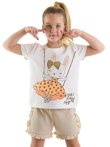 Mutlu Tavşan Kız Çocuk T-shirt Simli Şort Takım