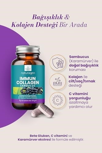 Naturagen Immun Collagen 30 Tablet Bağışıklık Güçlendirici Hidrolize Kolajen Peptitleri Tip 1 3 + B. Glukan + Vitamin A B6 B12 C D E + Glutatyon + Çinko Takviyesi (30 Tablet, Sambucus(Karamürver))