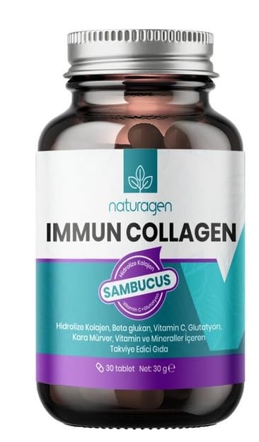 Naturagen Immun Collagen 30 Tablet Bağışıklık Güçlendirici Hidrolize Kolajen Peptitleri Tip 1 3 + B. Glukan + Vitamin A B6 B12 C D E + Glutatyon + Çinko Takviyesi (30 Tablet, Sambucus(Karamürver))