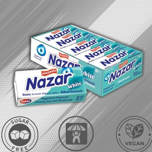 Nazar White Bikarbonatlı Şekersiz Sakız 5li 20 paket (Toplam 100 adet)