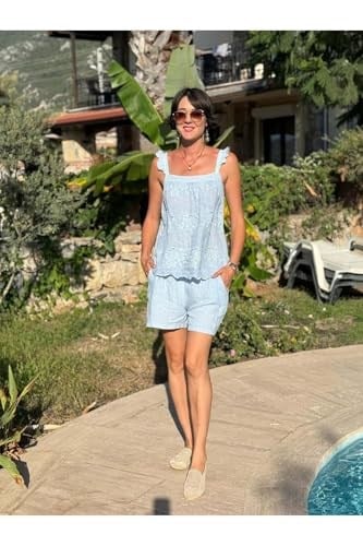 NC31211 Nakışlı Omuz Fırfırlı Keten İtalyan Şortlu Takım Bebemavi
