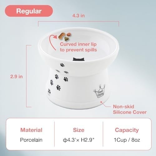 Necoichi Yükseltilmiş Stressiz Kedi Maması Kasesi, Yükseltilmiş, Geri Akış Önleme, Bulaşık Makinesi ve Mikrodalgada Kullanılabilir (Kedi, Normal)