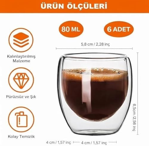 Needd Çift Katmanlı Espresso Cam Bardak Seti 4lü 80 ml | Borosilikat Cam, Isı Yalıtımlı Double Wall Tasarım | Espresso, Ristretto ve Macchiato için Şeffaf Kahve Bardağı
