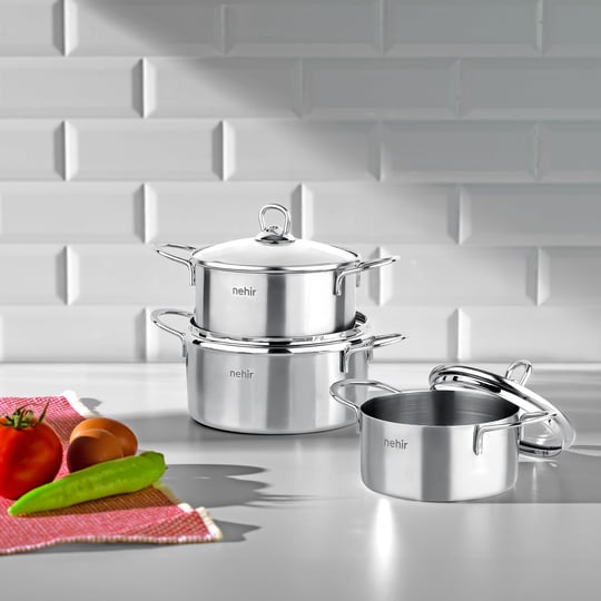 Nehir Silver 6 Parça Paslanmaz Çelik Mini Tencere Seti (12-14-16 cm)