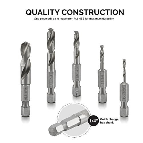 NEIKO 11402A küt matkap ucu seti, metal için, 5 parça, 1/4 inç hızlı değiştirilen altıgen şaft | M2 yüksek hızlı çelik | hızlı değiştirme mandren ve tahrik değişimi için | matkap ucu tutucu dahildir