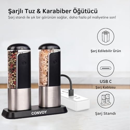 Neo Şarjlı Stantlı Karabiber, Tuz Öğütücü, Şarjlı Otomatik Tuz Öğütücü, 3 Kademe Ayarlı Baharat Değirmeni, LED Işıklı Tuzluk & Biberlik, Portatif Her Alana Uygun Kullanım