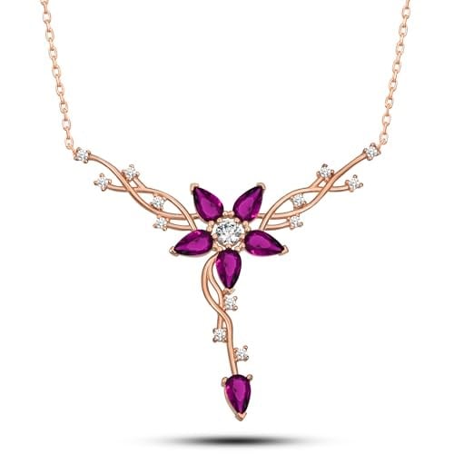 NEREZE 925 Ayar Gümüş Daldaki Gonca Pembe Çiçek Kolye