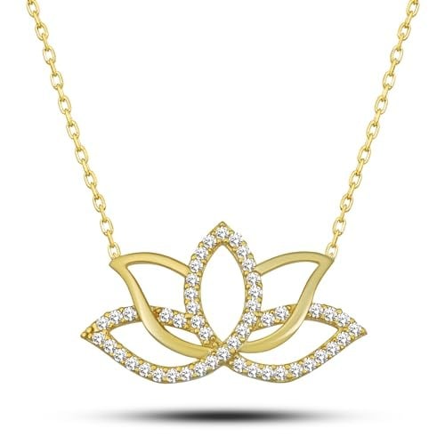 NEREZE 925 Ayar Gümüş Gold Zirkon Taşlı Lotus Çiçeği Kolye