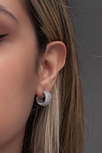 NEREZE 925 Ayar Gümüş Rodyum 5 Sıra Beyaz Taşlı Yarım Tur Küpe