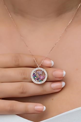 NEREZE 925 Ayar Gümüş Rose Daire Tasarım Uçuşan Kelebek Kolye