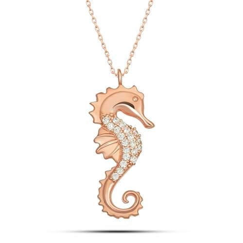 NEREZE 925 Ayar Gümüş Rose Zirkon Taşlı Deniz Atı Kolye