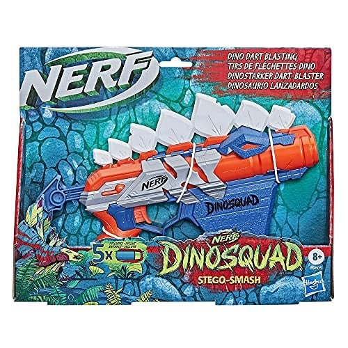 NERF DinoSquad Stego Smash dart blaster, 4 dart saklama, gergi kolu, 5 NERF dart, dinozor tasarımı, stegosaurus dişleri