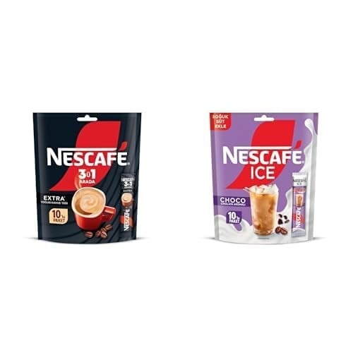 Nescafé 3ü 1 Arada Extra Çözünebilir Kahve Karışımı 10lu Paket (10 x 16,5 g) ve NESCAFÉ Milky Ice Choco Çikolata Aromalı 10lu Paket (10x10.6 G)