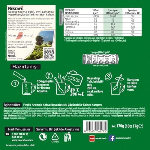 NESCAFÉ Fındık Aromalı Beyazlatıcılı Çözünebilir Kahve Karışımı, 10x17 g - Seçenekler: Extra, Fındıklı, Ice Kahve, Karamel Aromalı, Original...