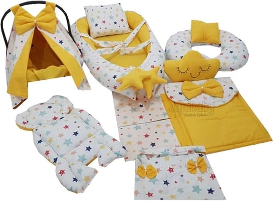 Nest Renkli Yıldız Sarı Tasarım 9 Parça Jaju-babynest Anne Yanı Bebek Yatağı Set