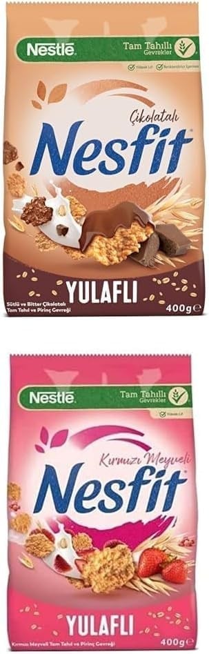Nestlé Nesfit Çikolatalı Tam Buğday ve Pirinç Gevreği, 400 g & Nestlé Nesfit Kırmızı Meyveli Tam Tahıl ve Pirinç Gevreği, 400 g