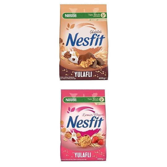 Nestlé Nesfit Çikolatalı Tam Buğday ve Pirinç Gevreği, 400 g & Nestlé Nesfit Kırmızı Meyveli Tam Tahıl ve Pirinç Gevreği, 400 g