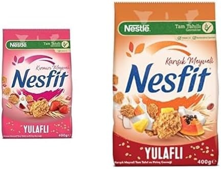 Nestlé Nesfit Kırmızı Meyveli Tam Tahıl ve Pirinç Gevreği, 400 g ve Nestlé Nesfit Tam Tahıllı Karışık Meyveli Mısır Gevreği, 400 g
