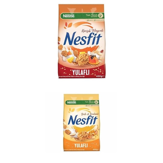 Nestlé Nesfit Tam Tahıllı Karışık Meyveli Mısır Gevreği, 400 g & Nestlé Nesfit Ballı ve Bademli Tam Tahıl ve Pirinç Gevreği 400 g