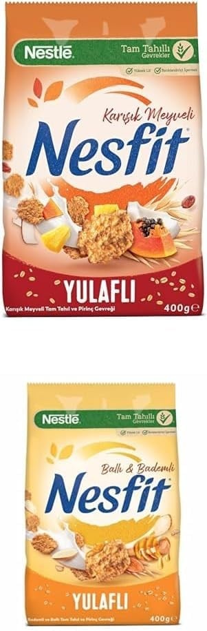 Nestlé Nesfit Tam Tahıllı Karışık Meyveli Mısır Gevreği, 400 g & Nestlé Nesfit Ballı ve Bademli Tam Tahıl ve Pirinç Gevreği 400 g