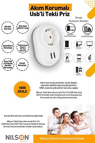 Nilson Tekli Akım Korumalı Priz 2li USB Hızlı Şarj - Seçenekler: USBli, USBsiz