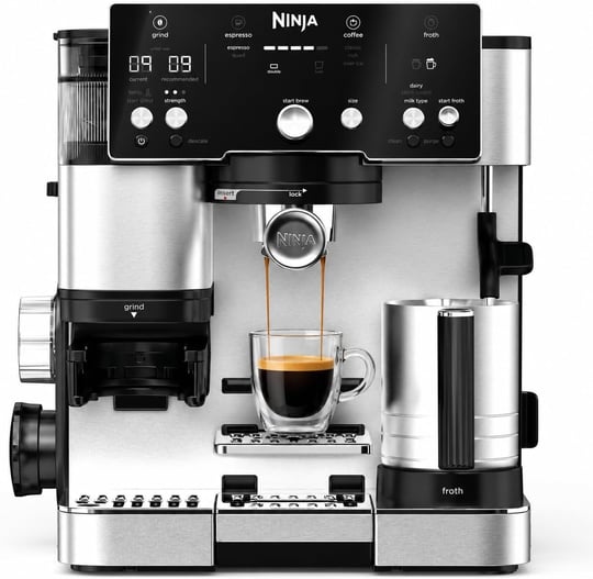 Ninja Luxe Essential 2si 1 arada kahve makinesi, latte, cappuccino ve espresso makinesi, entegre fasulye değirmeni ve süt köpürtücü, kullanımı kolay kahve makinesi, 2 önceden ayarlanmış modlu süt