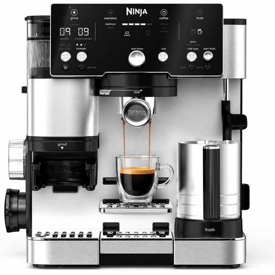 Ninja Luxe Essential 2si 1 arada kahve makinesi, latte, cappuccino ve espresso makinesi, entegre fasulye değirmeni ve süt köpürtücü, kullanımı kolay kahve makinesi, 2 önceden ayarlanmış modlu süt