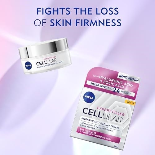 NIVEA Cellular Expert Filler Yoğun Yaşlanma Karşıtı Gündüz Bakım Yüz Kremi 50 ml, Hyaluronik Asit ve Folik Asit, SPF15 Güneş Koruması - Seçenekler: Tek Ebat (3 paketi), Tek Ebat
