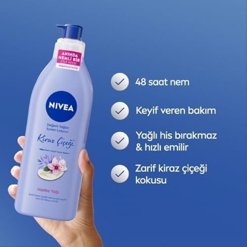 NIVEA Değerli Yağlar İçeren Vücut Losyonu Kiraz Çiçeği ve Jojoba Yağı, 400 ml,Tüm Ciltler,48 Saat Nemlendirici, Hızlı Emilir