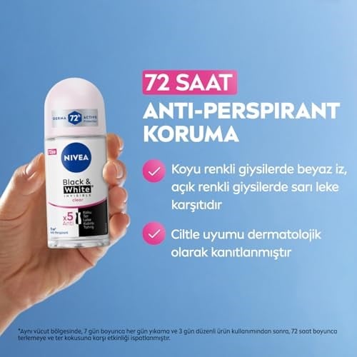 NIVEA Kadın Roll On Deodorant Black & White Invisible Clear 72 Saat Anti-Perspirant Koruma (50 ml)