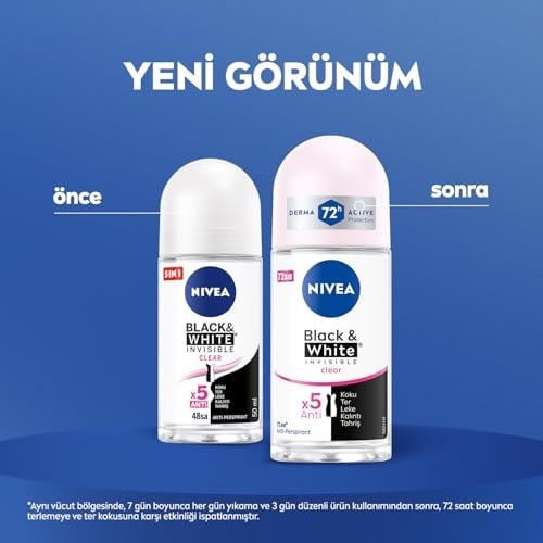 NIVEA Kadın Roll On Deodorant Black & White Invisible Clear 72 Saat Anti-Perspirant Koruma (50 ml)