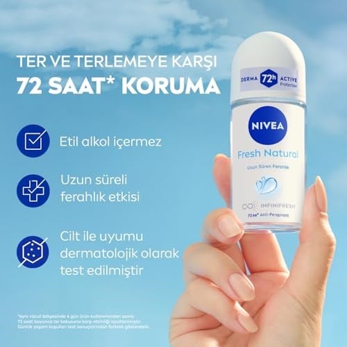 NIVEA Kadın Roll on Deodorant Fresh Natural 50 ml,Ter ve Terlemeye Karşı 72 Saat Anti Perspirant Koruma,Uzun Süren Ferahlık,Okyanus Özleri Kokusu,Etil Alkol İçermez