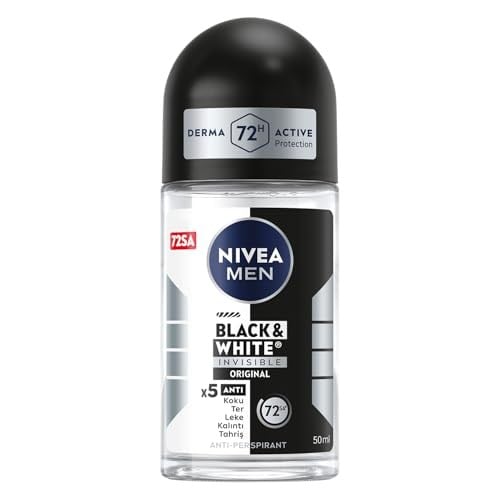 NIVEA MEN Erkek Roll On Deodorant Black&White Invisible Original 50 ml,72 Saat Anti-perspirant Terleme ve Ter Kokusuna Karşı Koruma,Giysilerde Leke Karşıtı,Erkeksi Koku,Etil Alkol İçermez