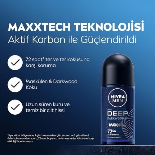 NIVEA MEN Erkek Roll on Deodorant Deep Dimension 50 ml,72 Saat Ter ve Ter Kokusuna Karşı Koruma,Maskülen Ferah Koku,Aktif Karbon,Yapışkan His Bırakmaz