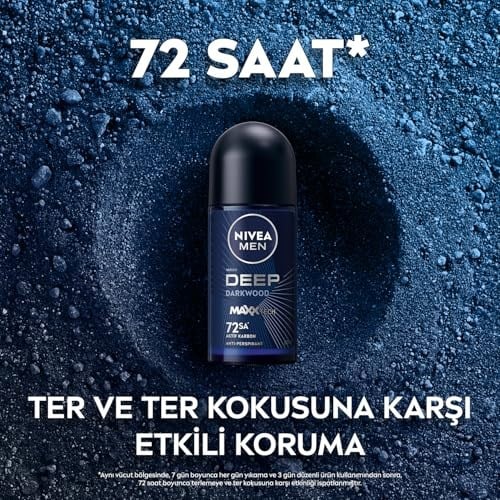 NIVEA MEN Erkek Roll on Deodorant Deep Dimension 50 ml,72 Saat Ter ve Ter Kokusuna Karşı Koruma,Maskülen Ferah Koku,Aktif Karbon,Yapışkan His Bırakmaz