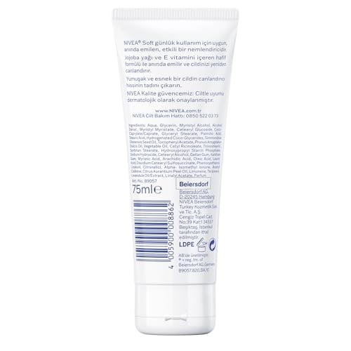 NIVEA Soft Krem 75 ml, Nemlendirici Bakım Kremi, Yüz, Vücut, El, Jojoba Yağı ve E Vitamini ile Cilt Bakımı, Anında Emilen Hafif Formül, Tüm Ciltler için