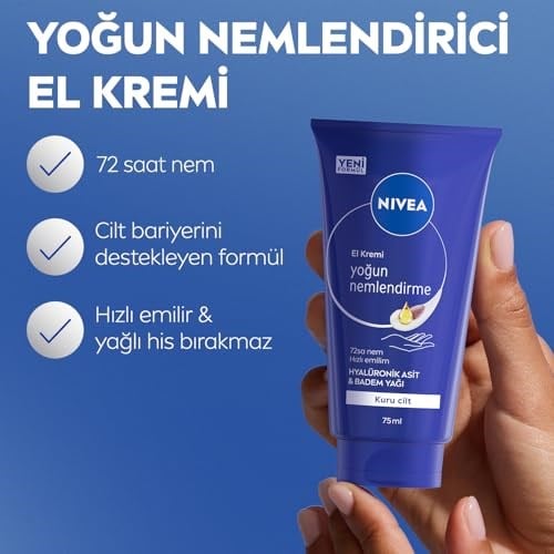 NIVEA Yoğun Nemlendirici El Kremi 72 ml, Hızlı Emilir, Hyaluronik Asit,Badem Yağı, Kuru Ciltler