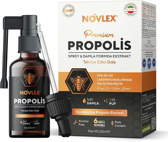 Novlex Propolis Ekstrakt (Su Bazlı-Alkolsüz) Nane Aromalı Sprey & Damla (540 damla) Takviye Edici Gıda 20ml