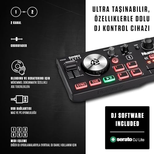 Numark DJ2GO2 Touch – Yolculuk için mini DJ kontrol cihazı – 2 panelli USB DJ konsolu, ses arayüzü ve kapasiteli Jogwheels, 4 Pad modu; yazılım dahil